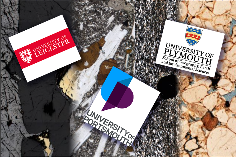 logos for Leicester, Plymouth and Portsmouth universities on a background of several virtual microscope images