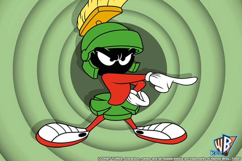 Cartoon figure pointing its finger on a green background