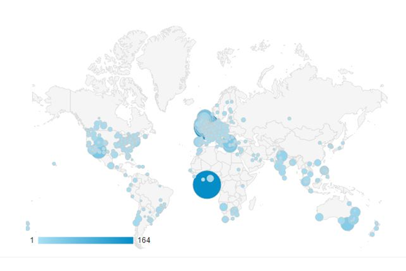 Map with cities represented as blue circles whose relative sizes show numbers of virtual microscope users 