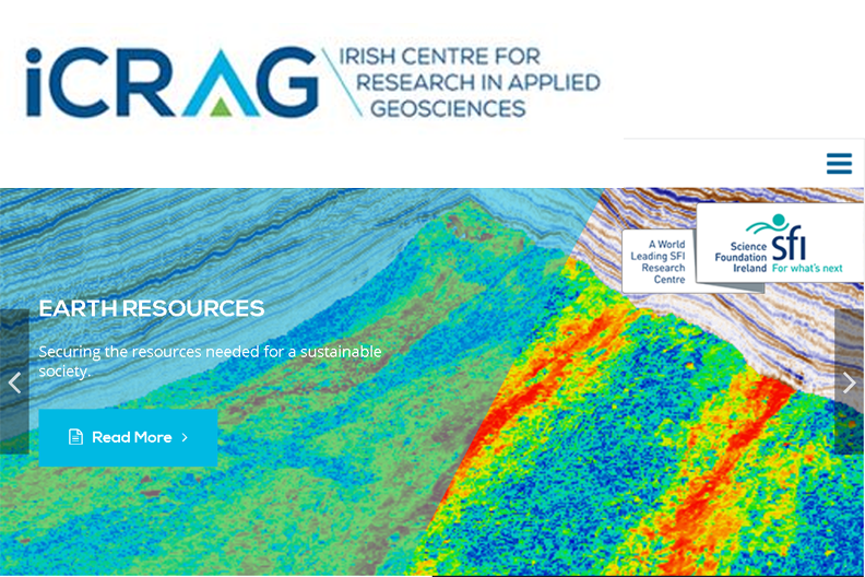 iCrag logo overlying a screenshot of the iCrag website showing a rainbow coloured seismic section